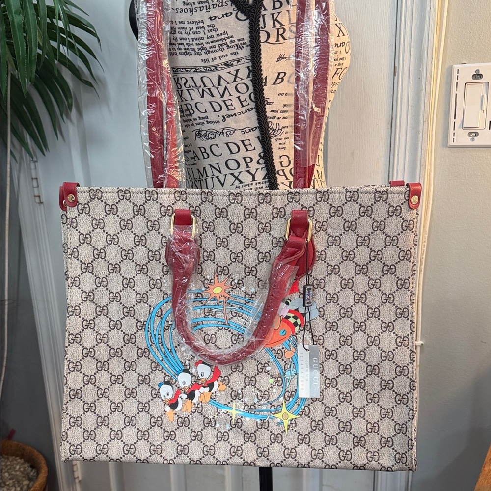 Beige and Red Tote Bag‎ with Cartoon Design
